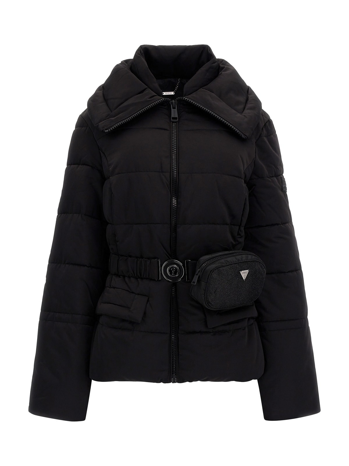Down jacket with belt with mini bag applied, Black, large image number 0