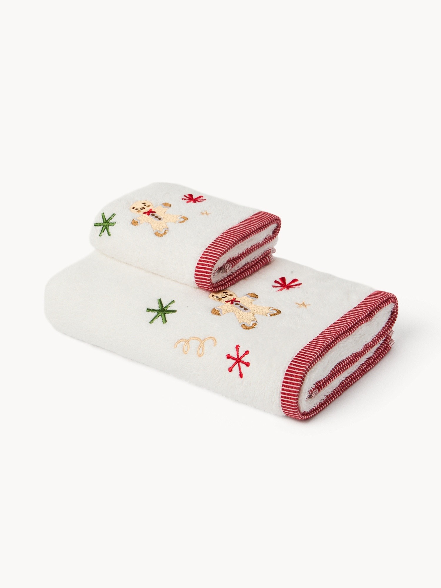 Set 2 asciugamani in spugna di cotone  con gingerbread ricamato, Bianco, large image number 0