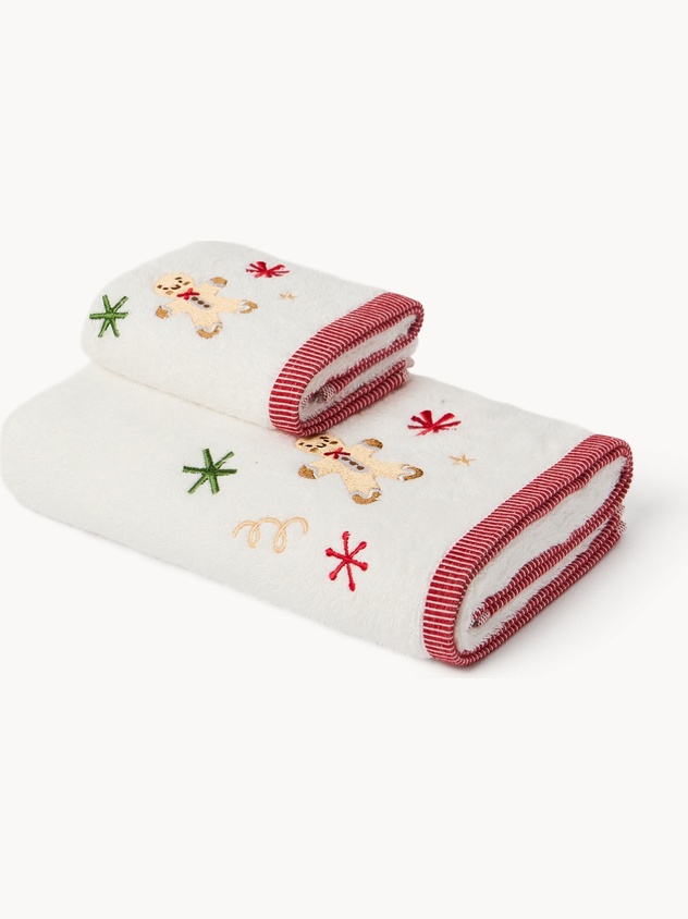 Set 2 asciugamani in spugna di cotone  con gingerbread ricamato