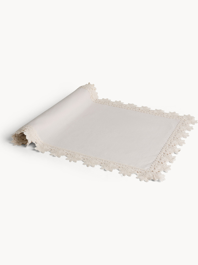 Linen blend runner with floral lace