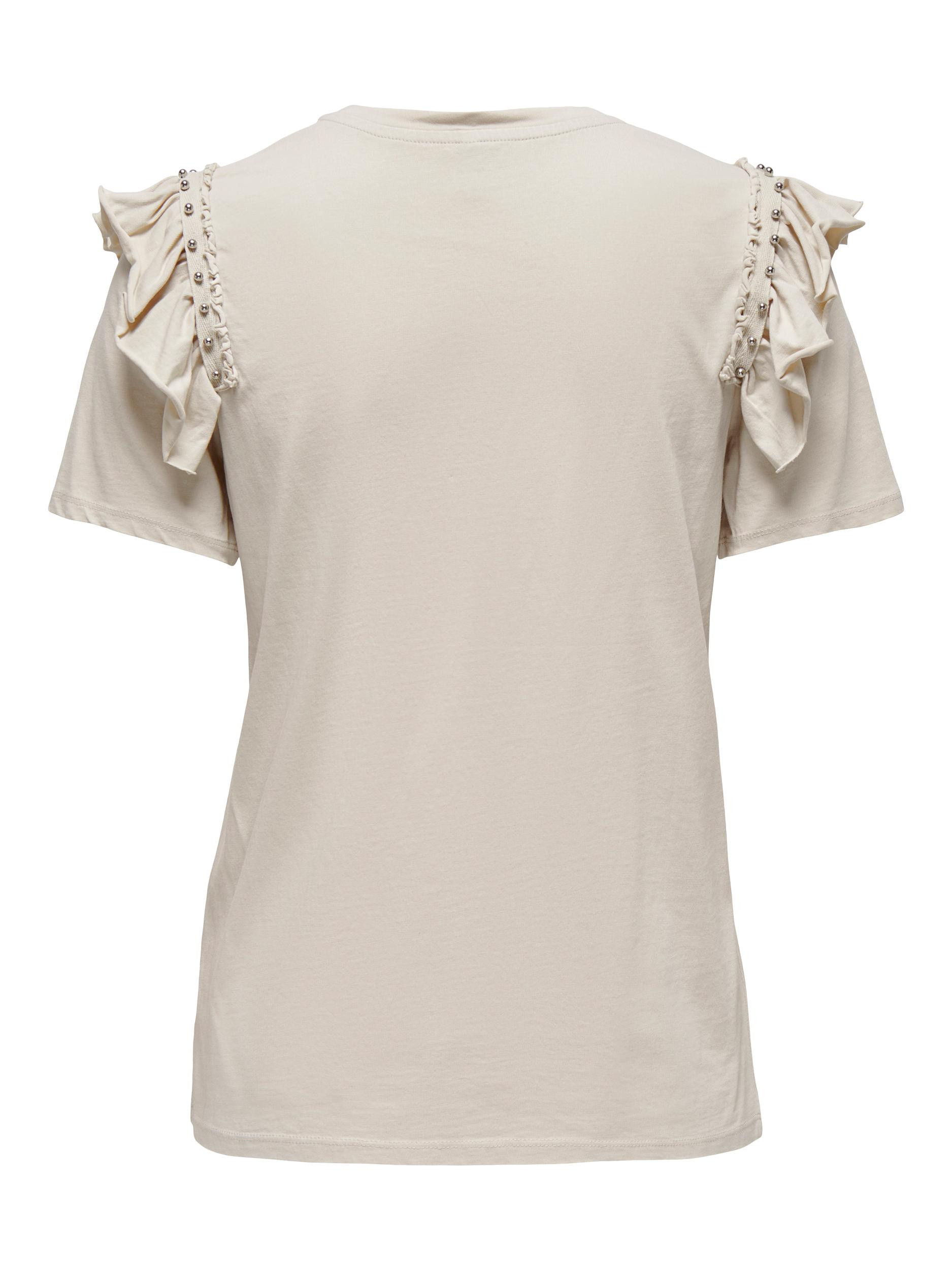 Only - Regular fit cotton T-shirt with ruffles, Beige, large image number 1