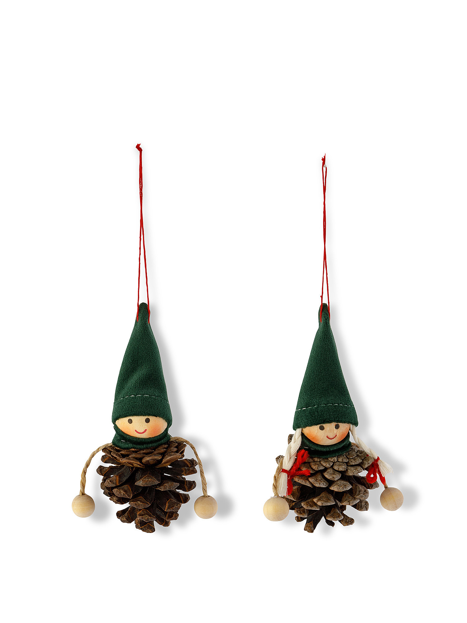 Set 2 addobbi albero in feltro bambini con pigna, Verde, large image number 0
