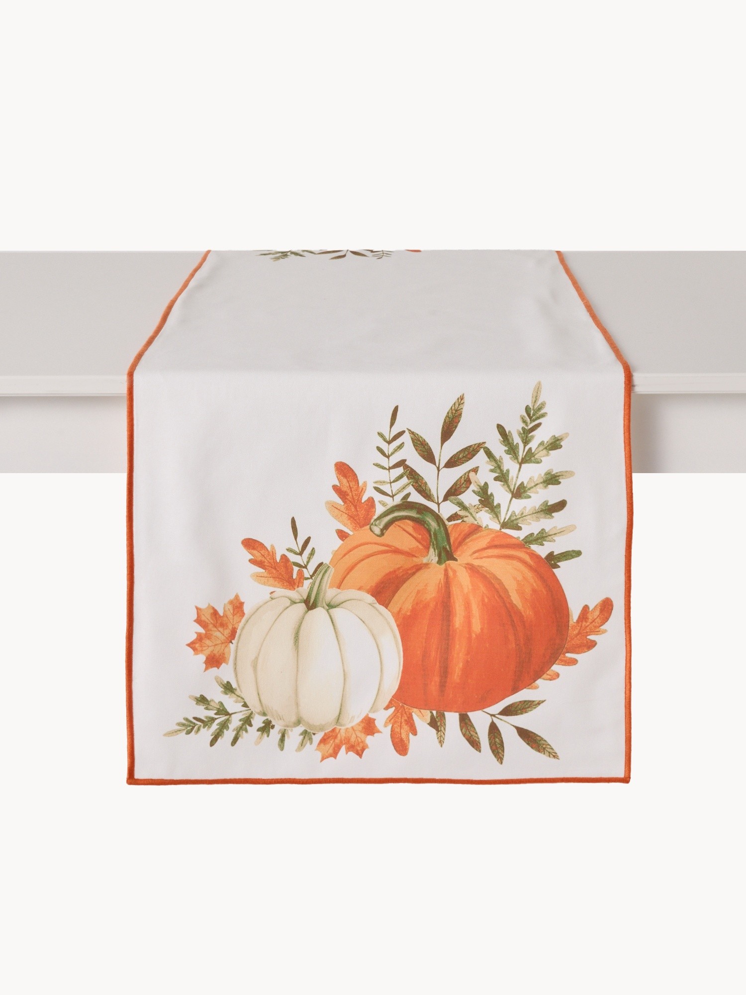 Pumpkin-print cotton table runner, Bianco/Arancione, large image number 1