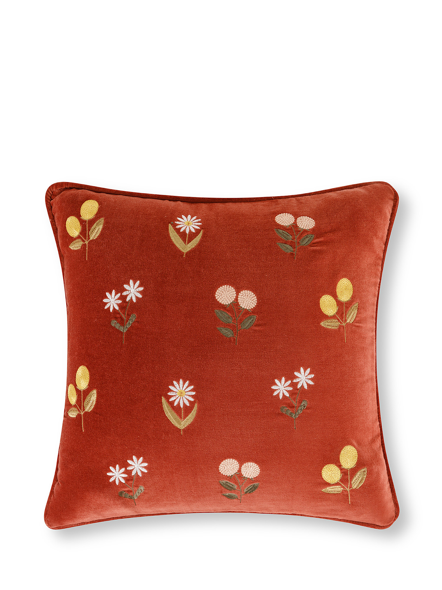 Velvet cushion with flower embroidery 45x45cm, Brown, large image number 0