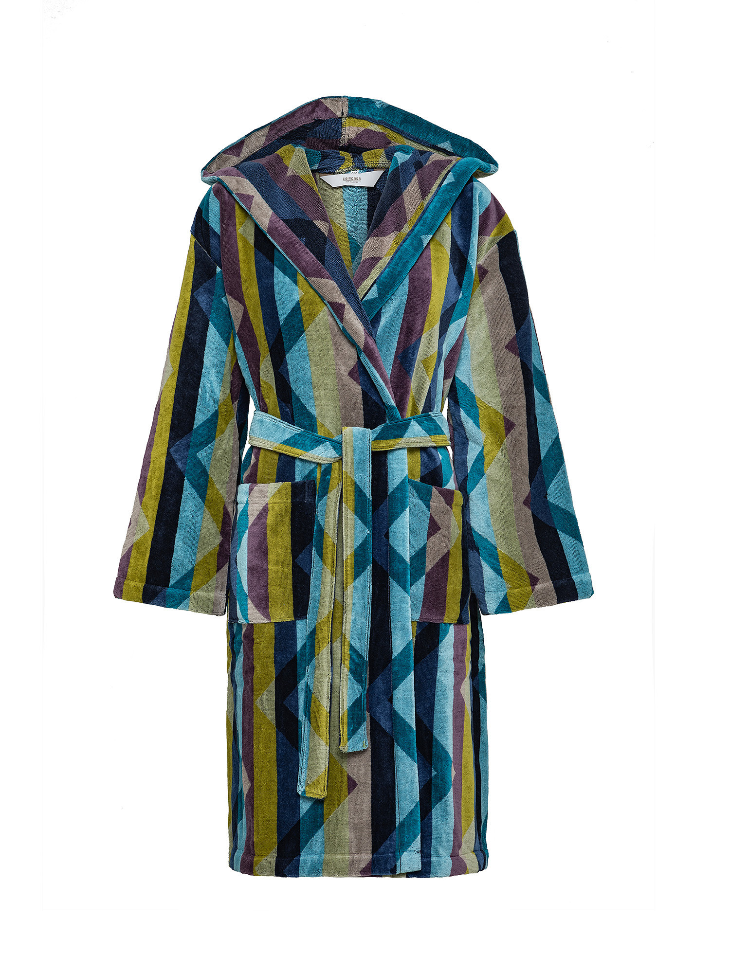 Cotton velor bathrobe with geometric pattern, Multicolor, large image number 0