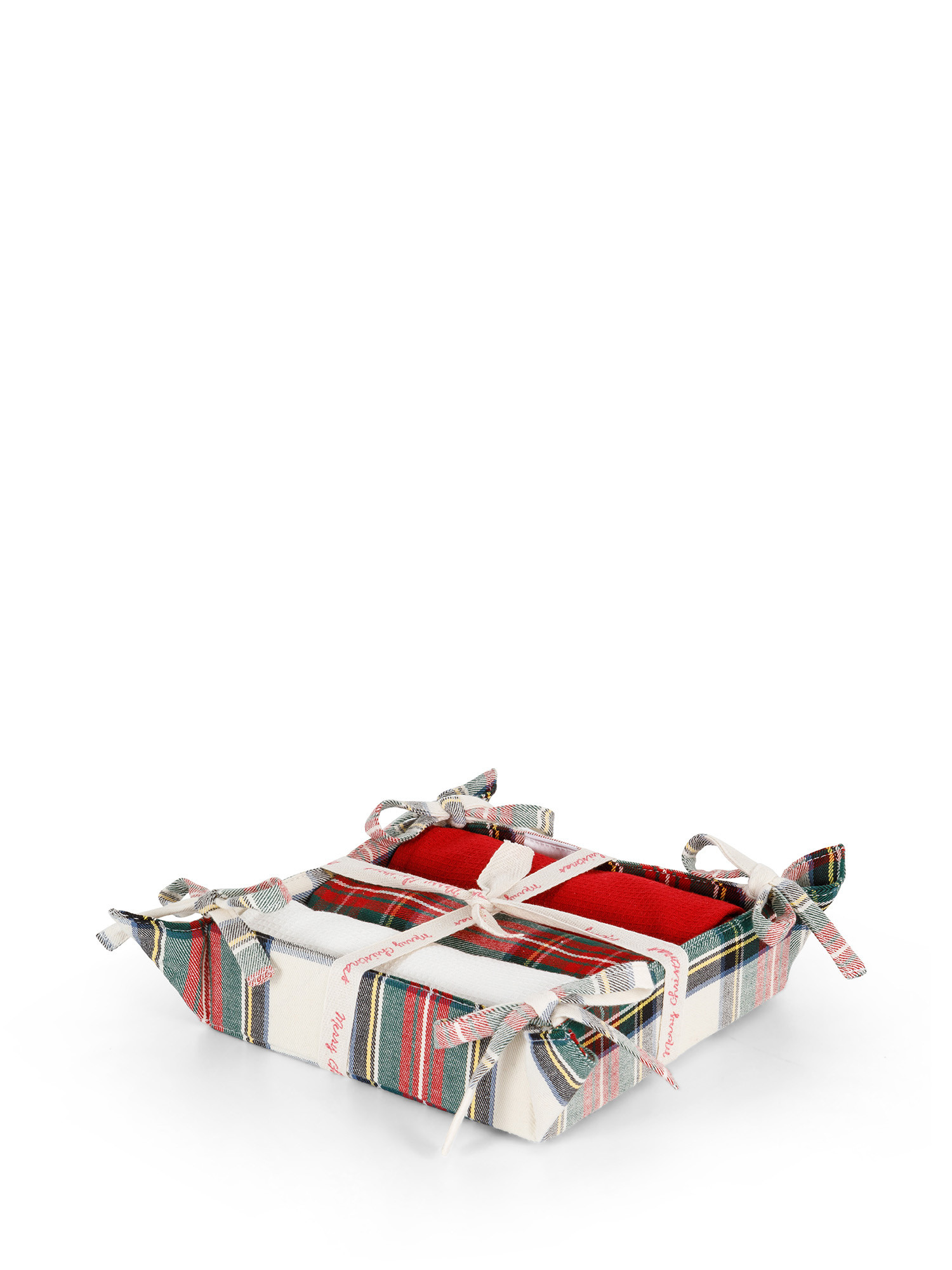 Basket and 3 tea towels set in tartan and solid color cotton twill, White, large image number 0