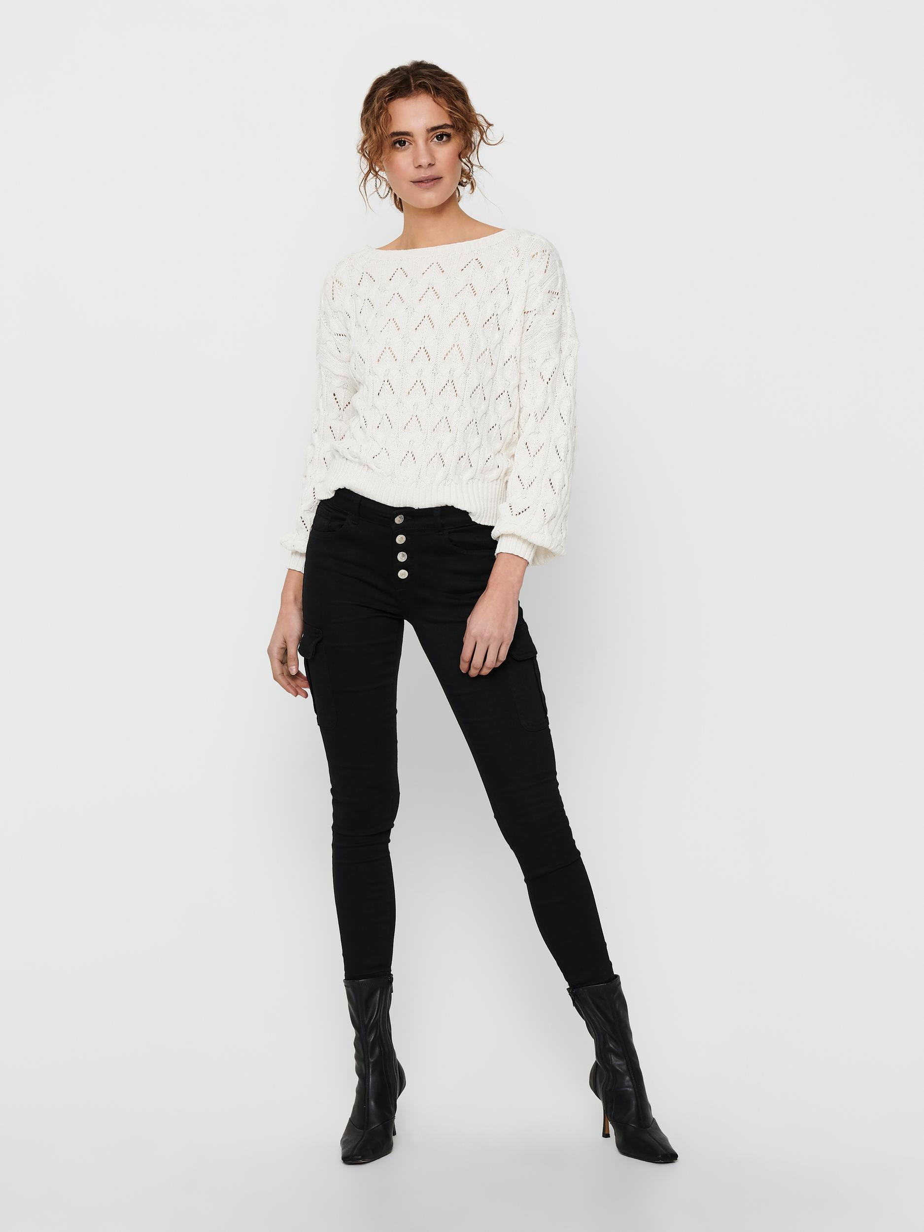 Only - Boat neck pullover with pointelle detail, White, large image number 2