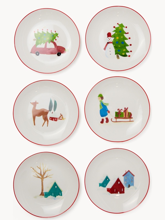 Set of 6 new bone china bread plates with Christmas motifs