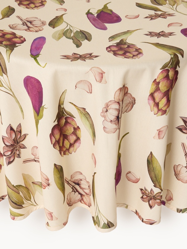 Round cotton panama tablecloth with plant-print design