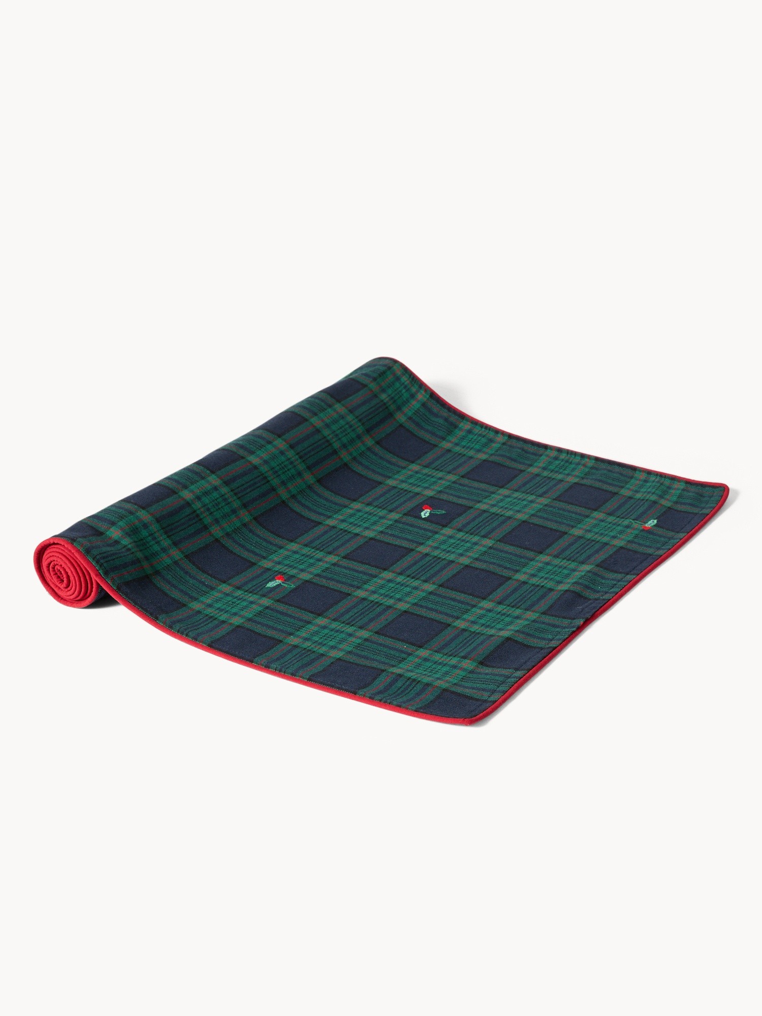 Tovaglietta tartan in twill di cotone con ricami agrifoglio e bordi smerlati, Blu, large image number 0