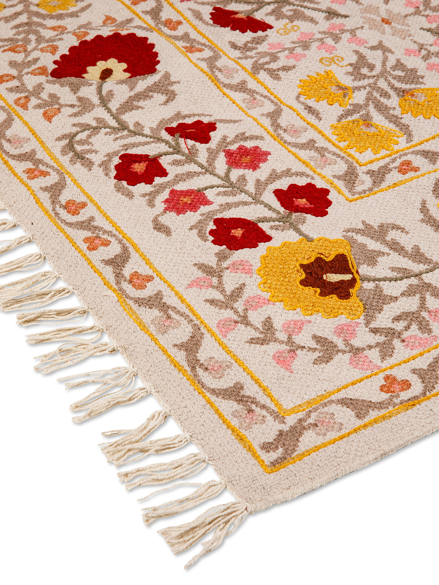 Tappeto cotone con stampa e ricamo fiori, Beige, large image number 1