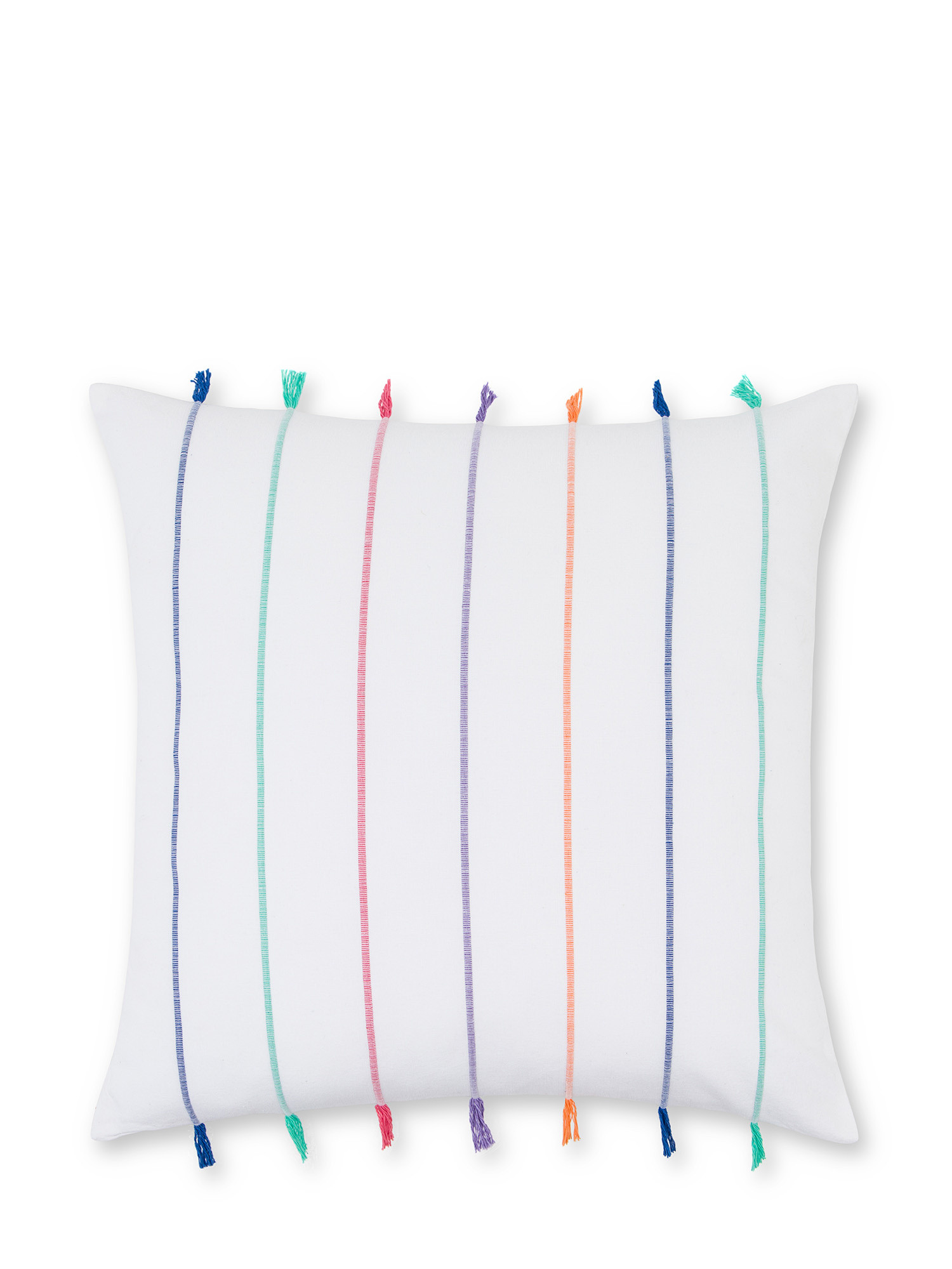 Cotton cushion with chain stitch embroidery and fringes 45x45cm, White, large image number 0
