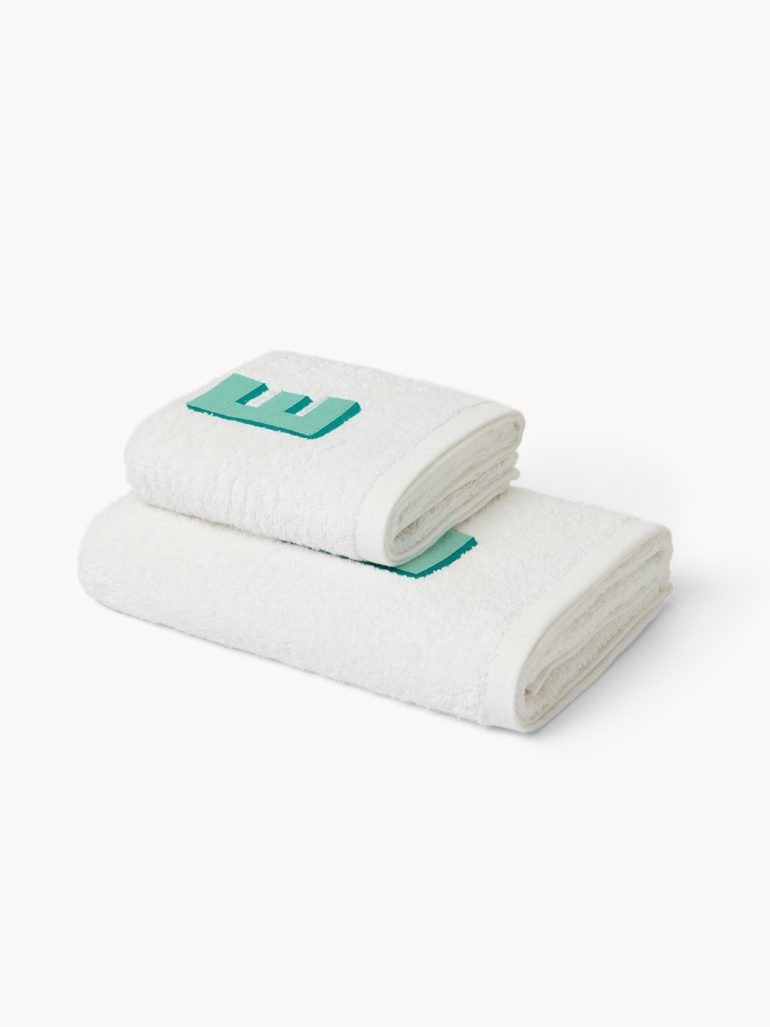 Set 2 asciugamani in spugna di cotone ricamo lettera E, Bianco, large image number 0