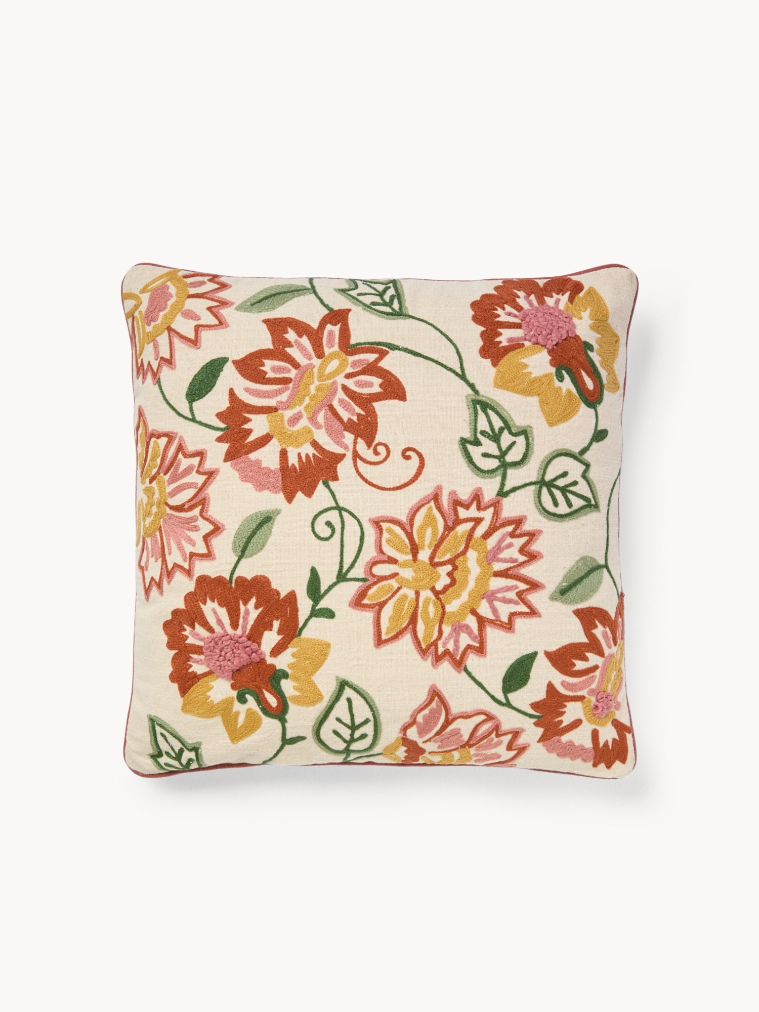 Cotton slub cushion with floral embroidery, 45x45cm - Discounted Price, Multicolor, large image number 0