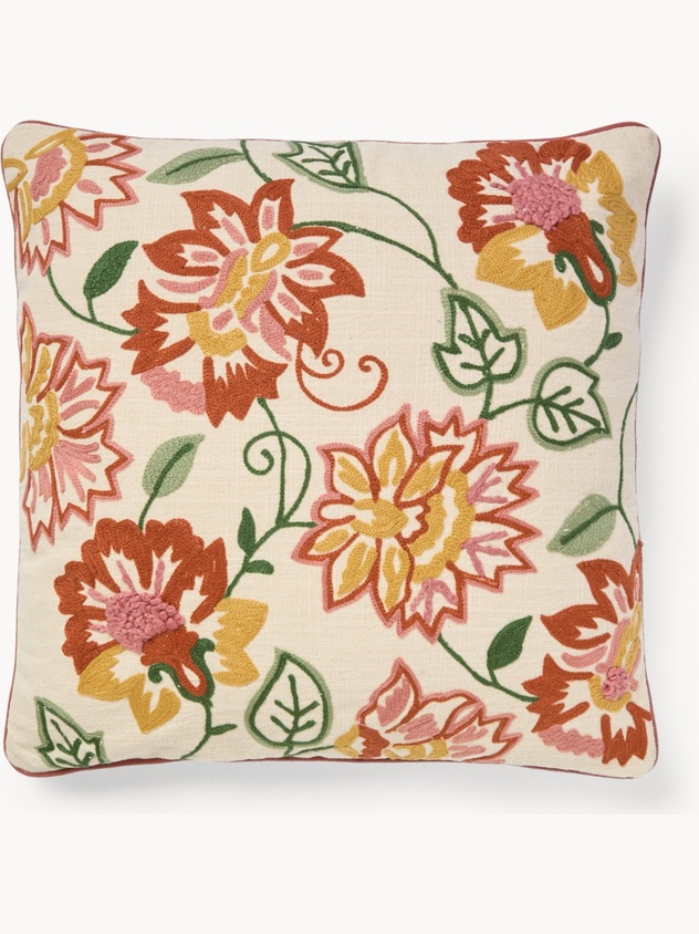 Cuscino in slub di cotone con ricamo floreale 45x45cm - Prezzo di lancio