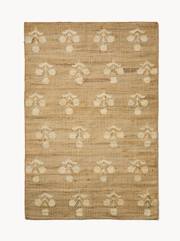100% Jute Rectangular Rug with White Flowers