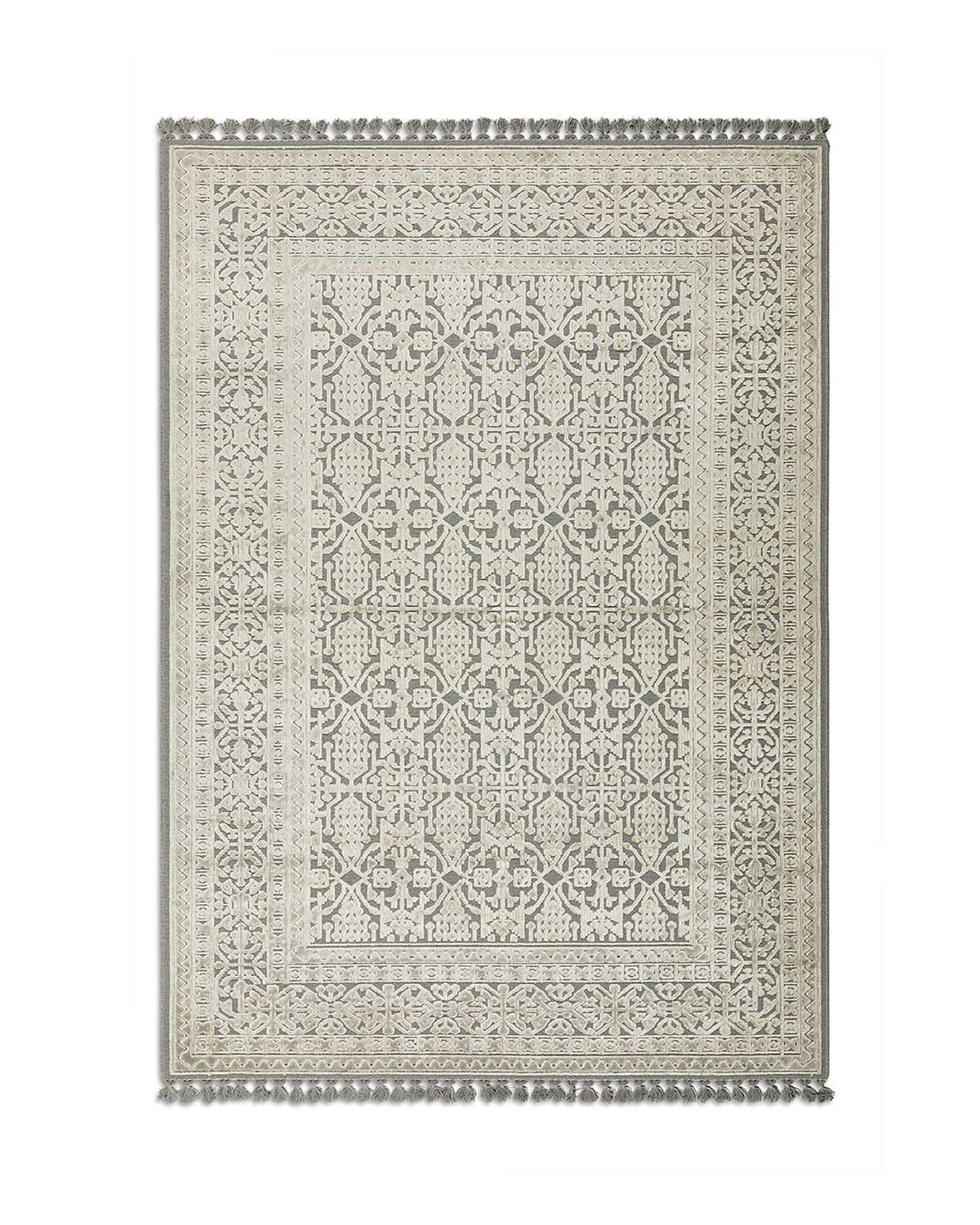 Wool and viscose rug with tassels, Grey, large image number 0