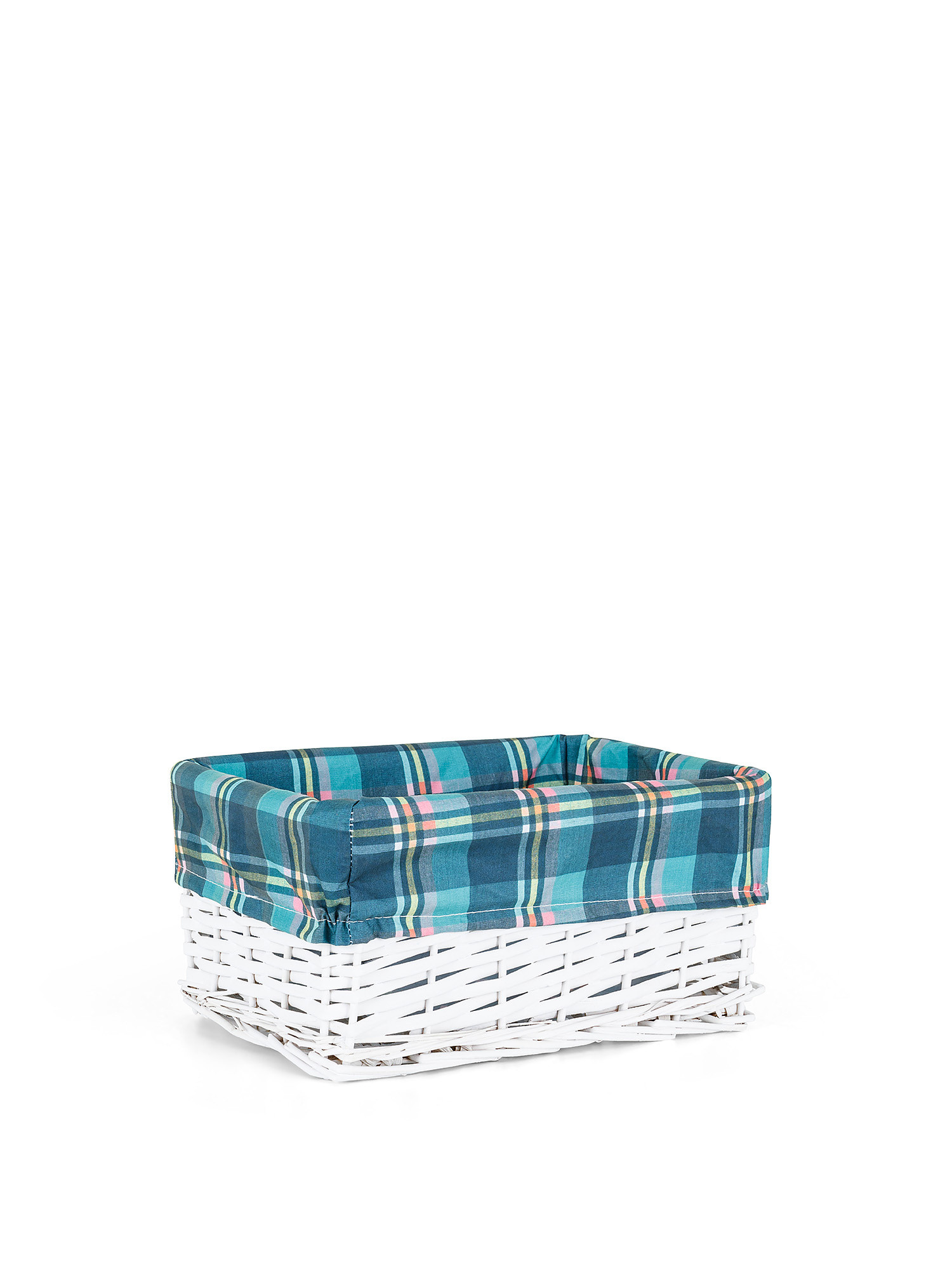 Basket in wood and tartan fabric, Blue, large image number 0