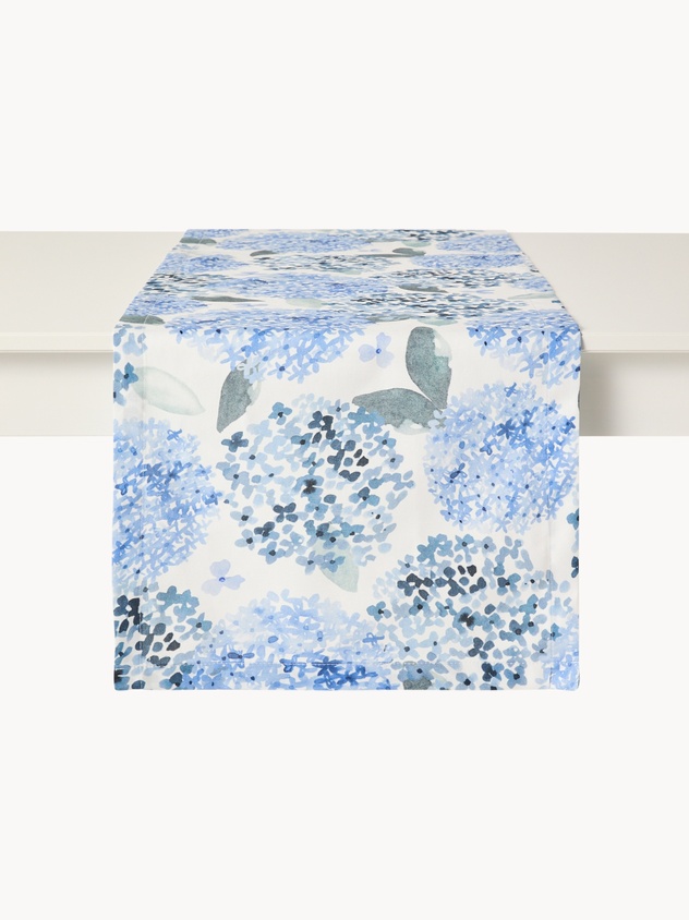 Runner in panama di cotone con stampa ortensie