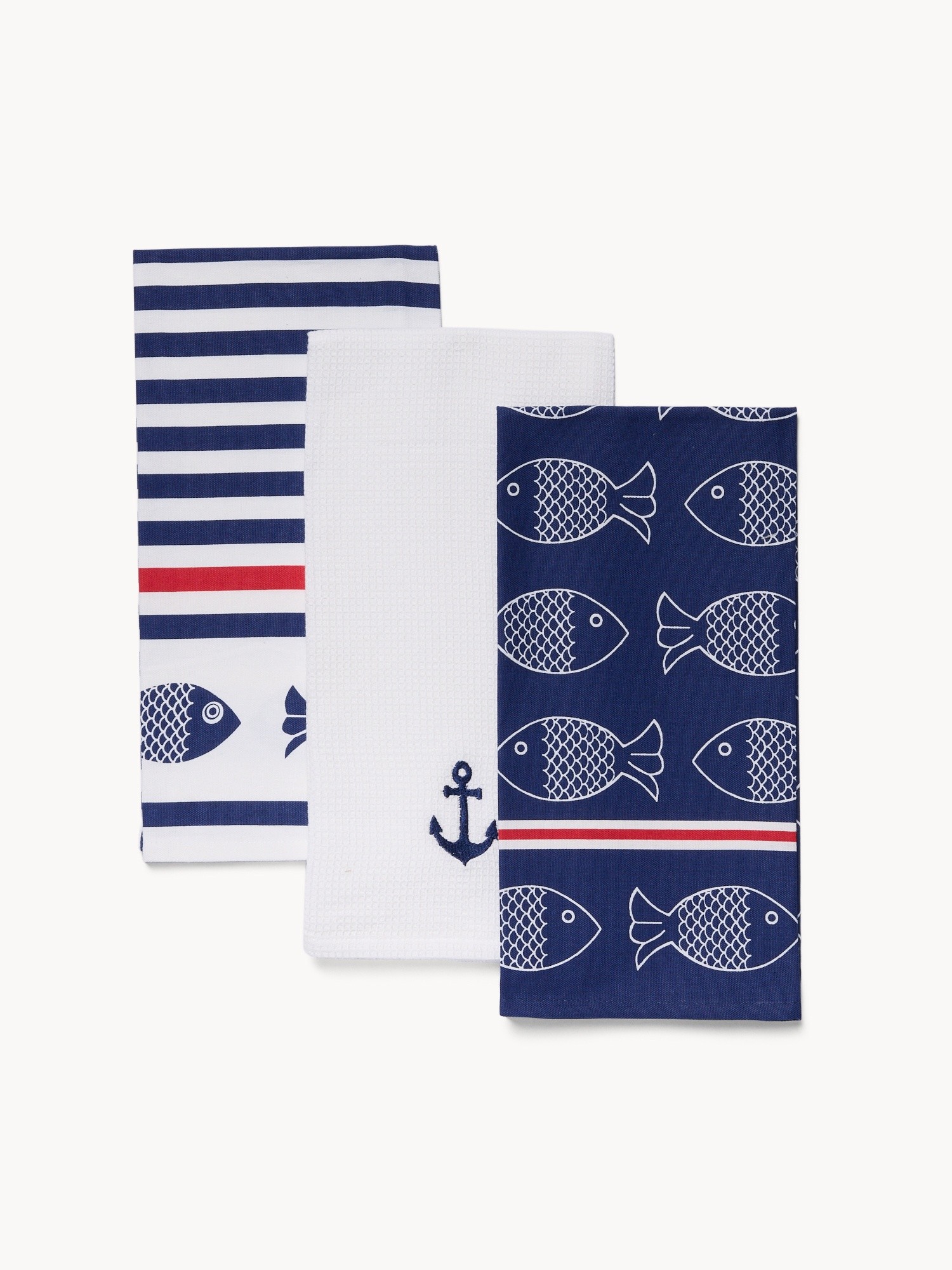 Set of 3 nautical-themed cotton tea towels, White / Blue, large image number 0