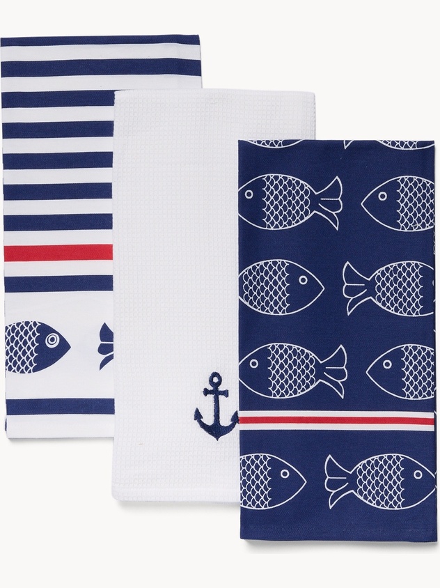 Set of 3 nautical-themed cotton tea towels