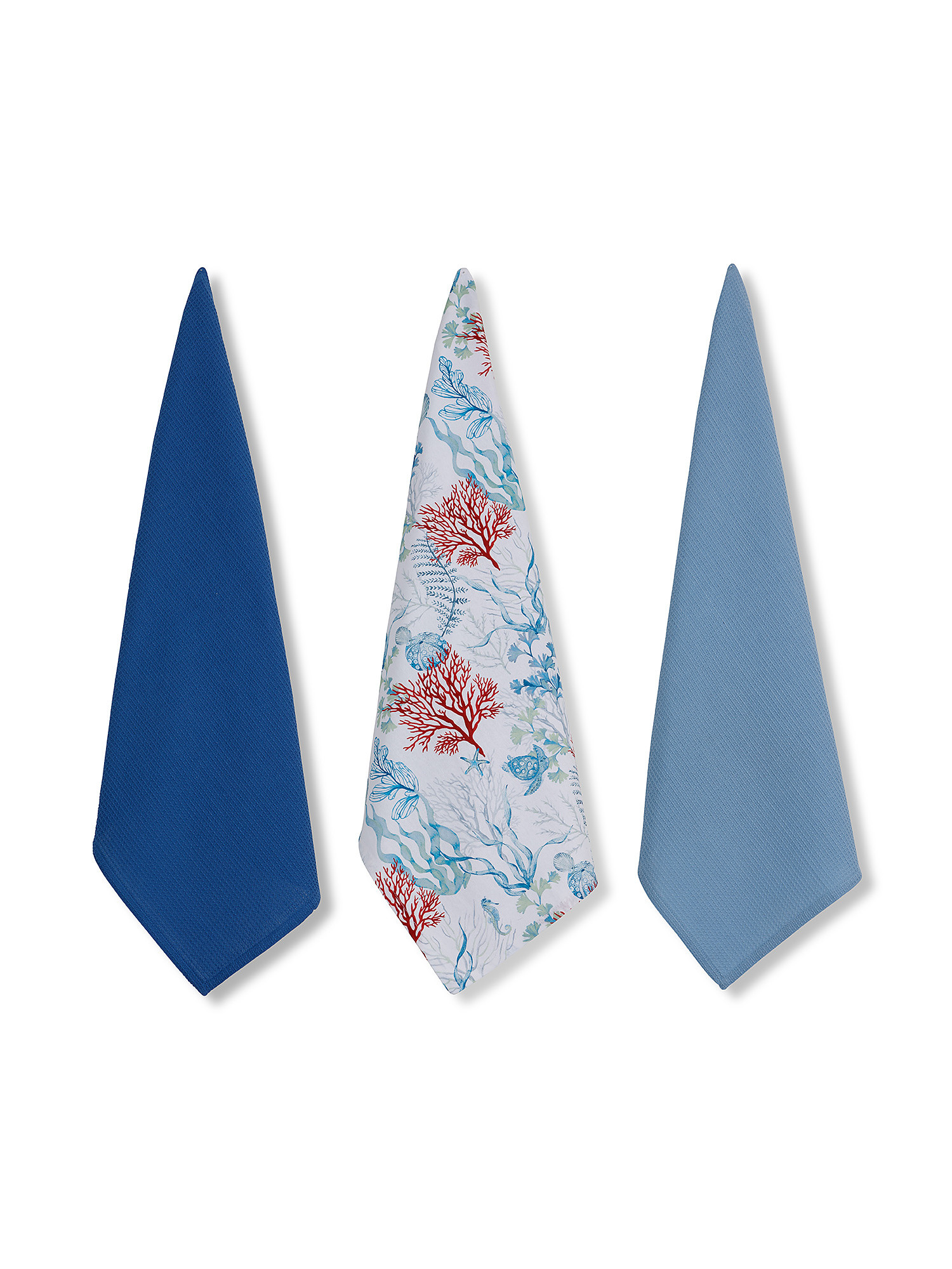 Set of 3 tea towels in 100% cotton with marine print, Light Blue, large image number 0