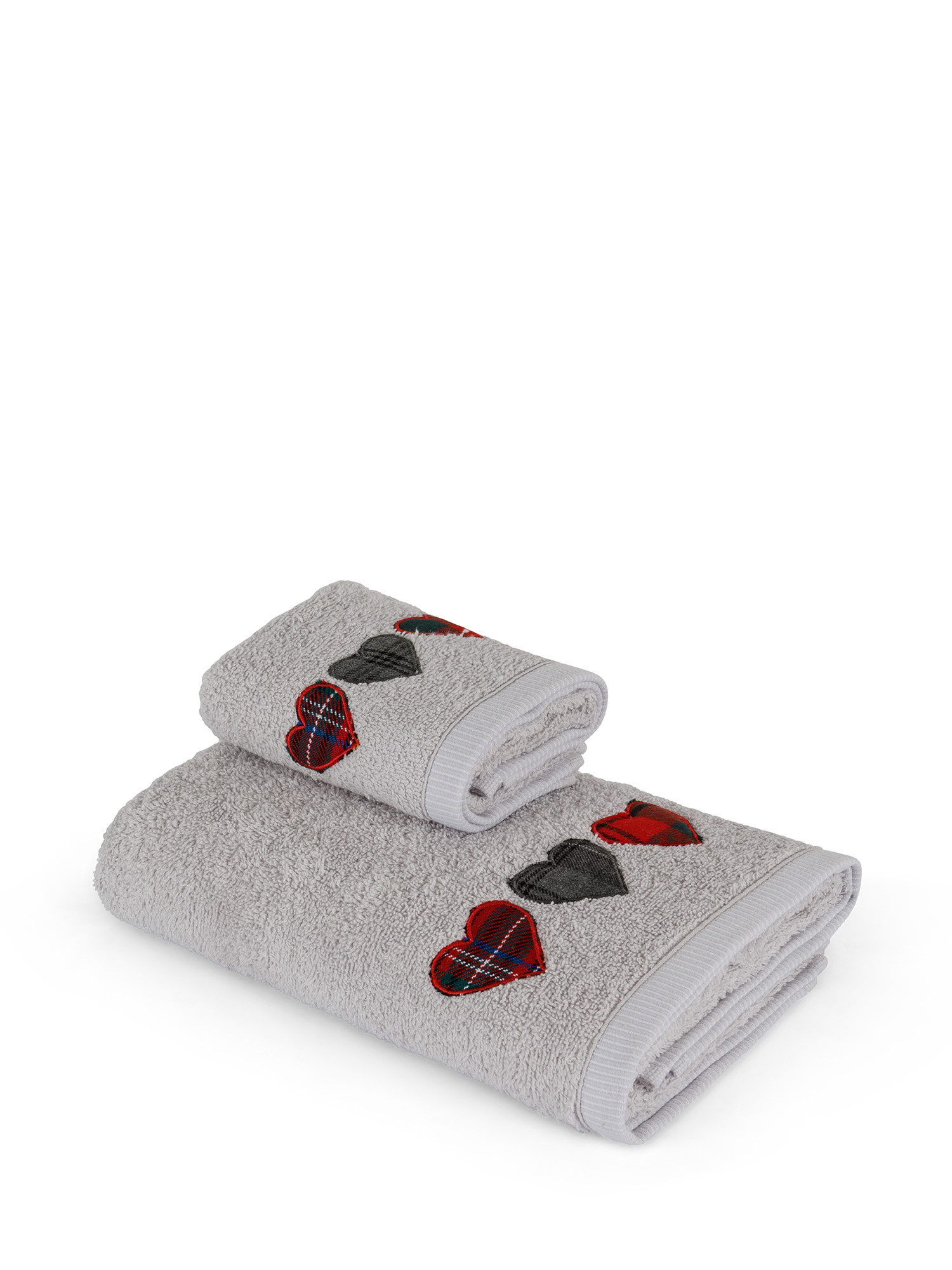 Set 2 asciugamani ricamo cuori, Grey, large image number 1
