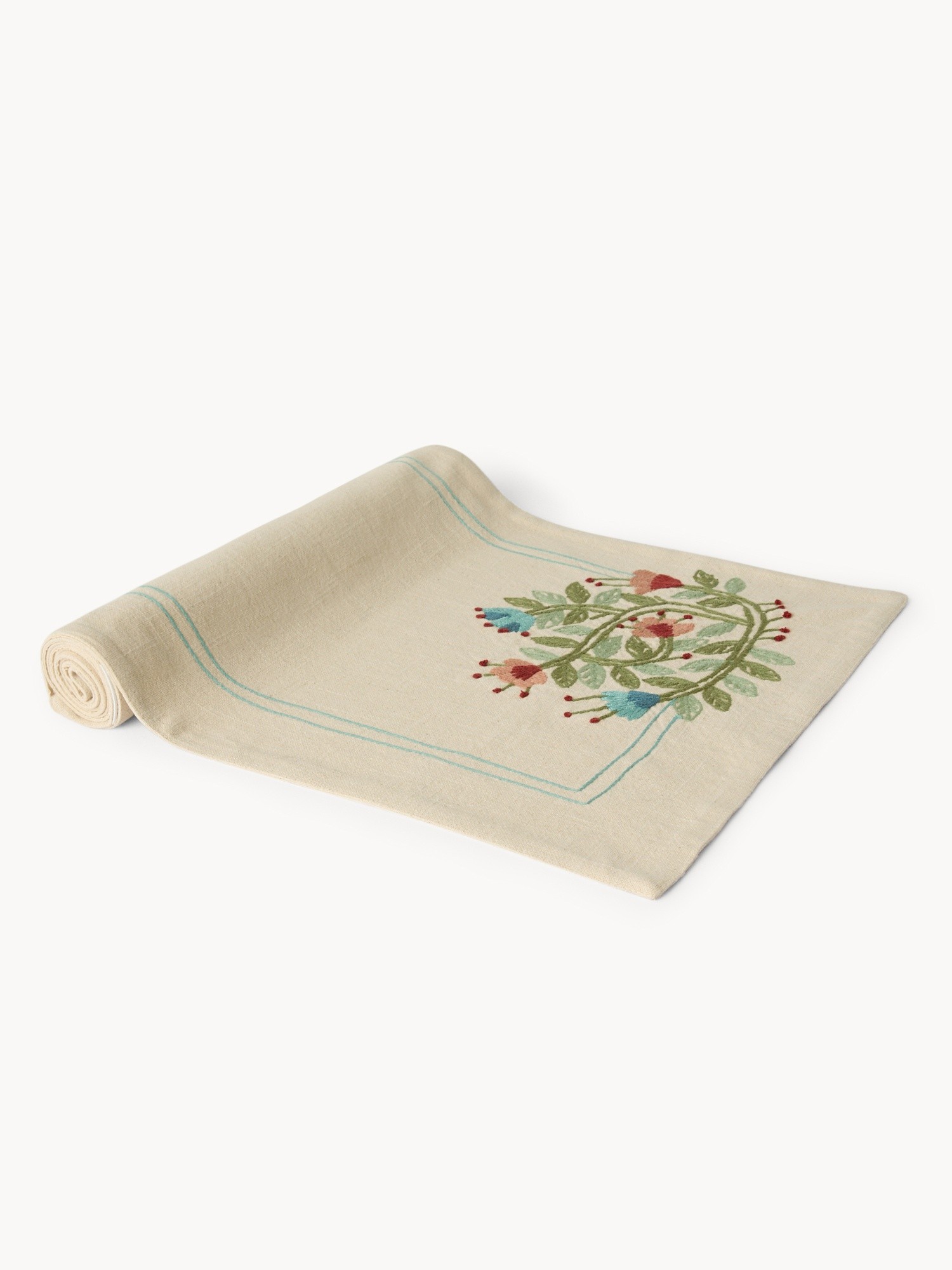 Double-slub cotton table runner with floral embroidery - Discounted Price, Beige, large image number 0