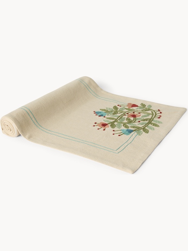 Double-slub cotton table runner with floral embroidery - Discounted Price