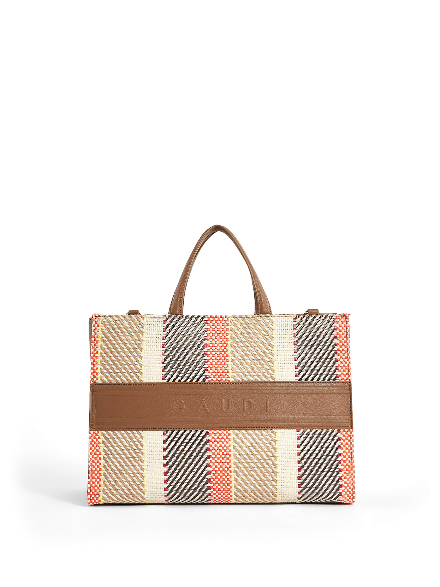 Gaudì - Shopping bag in raffia and imitation leather, Camel, large image number 1