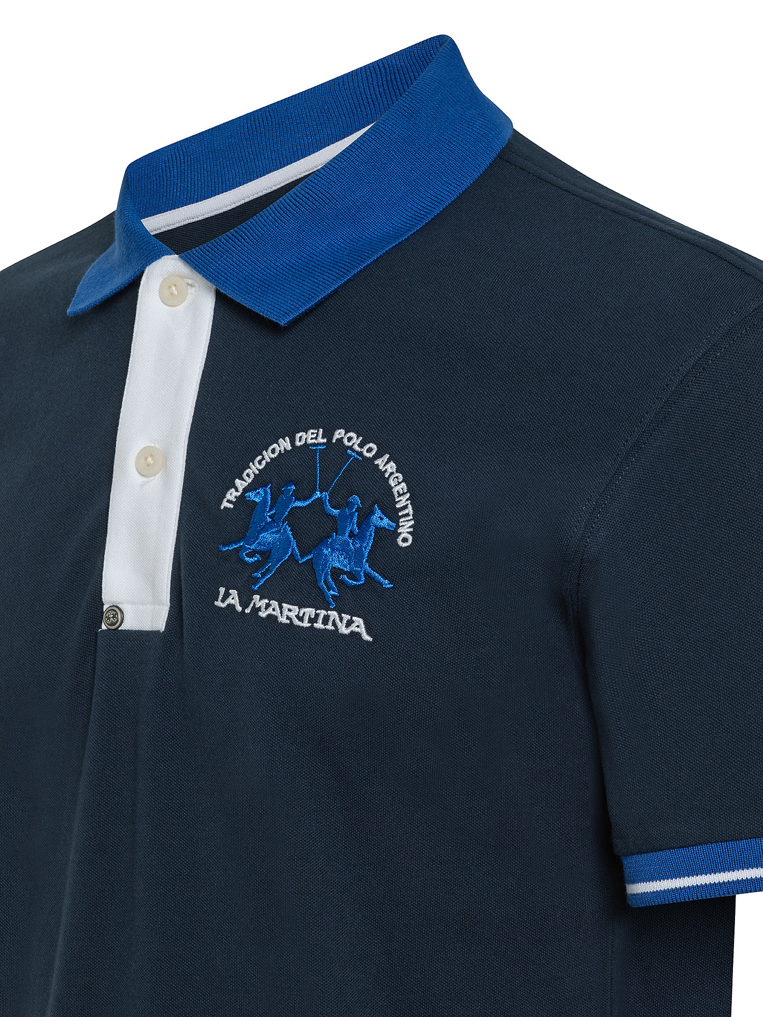 Men's short-sleeved slim-fit stretch cotton polo shirt, Blue, large image number 2