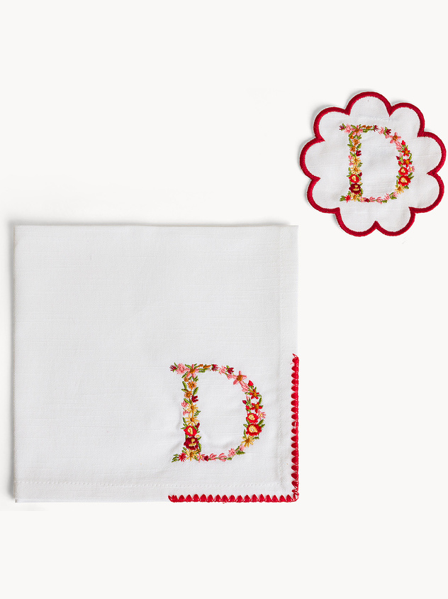 Napkin and coaster set with embroidered letter D