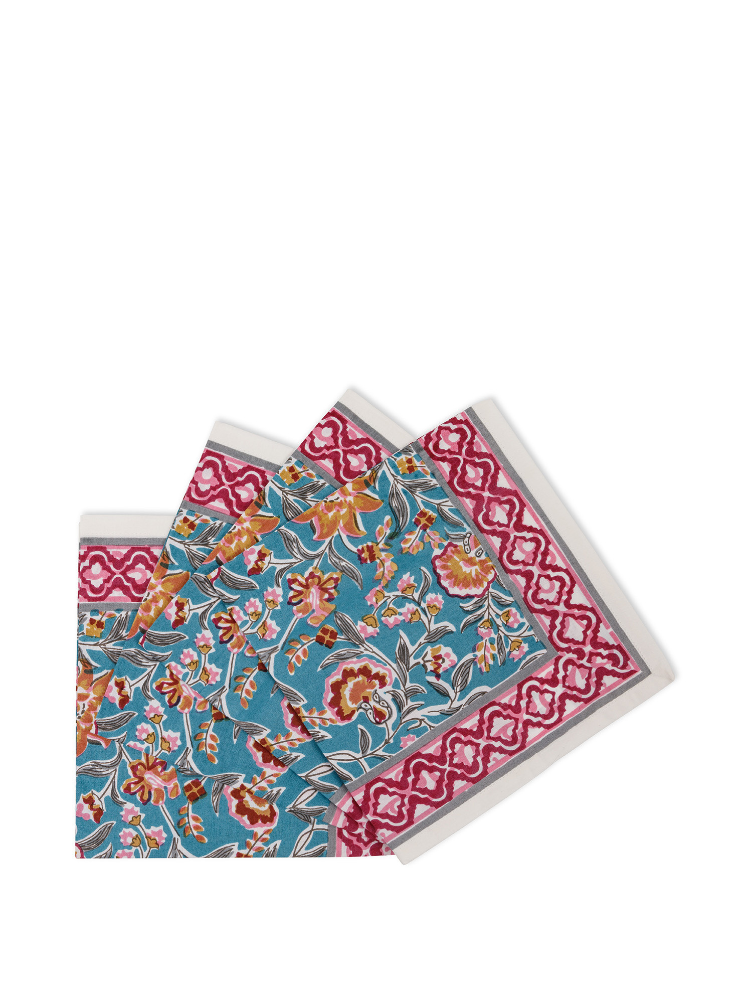 Set of 4 hand printed cotton napkins, Blue, large image number 0