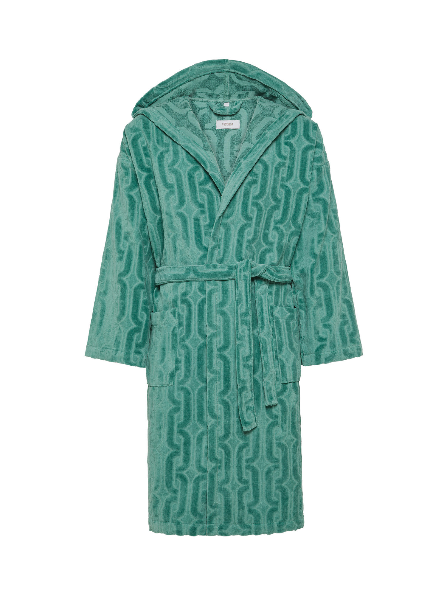 Cotton velour bathrobe with geometric relief pattern, Green, large image number 0