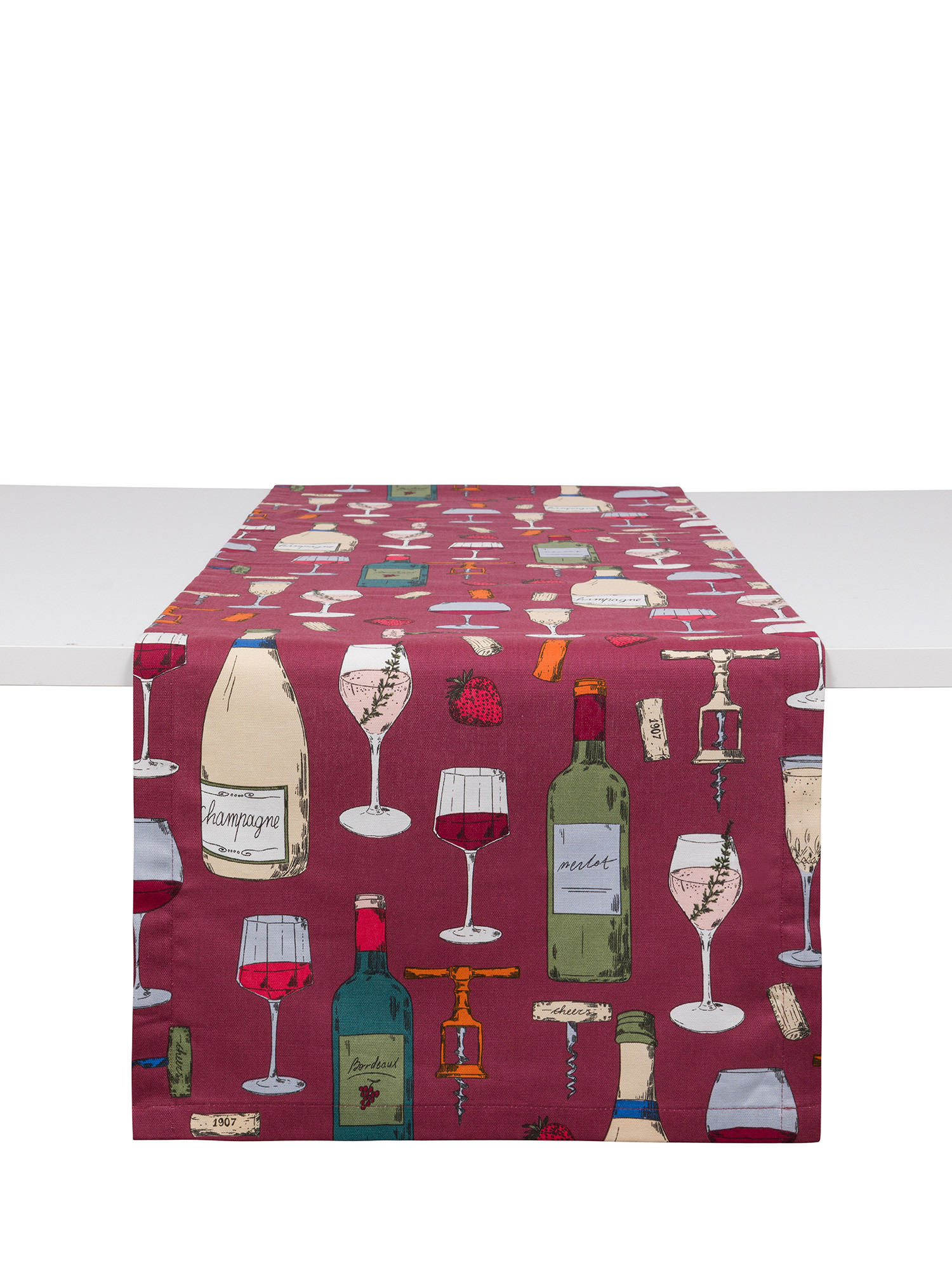 Cotton panama runner with wine print, Dark Red, large image number 0