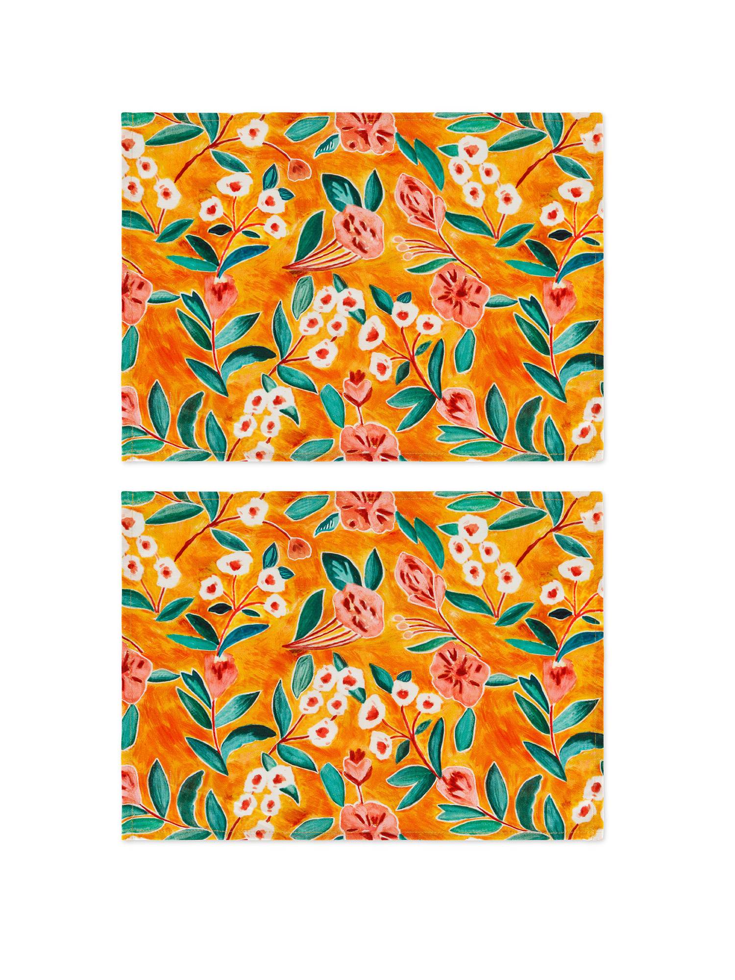 Set 2 tovagliette puro cotone stampa digitale floreale, Arancione, large