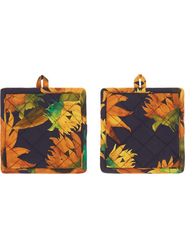 2-pack pot holders in cotton twill with sunflowers motif