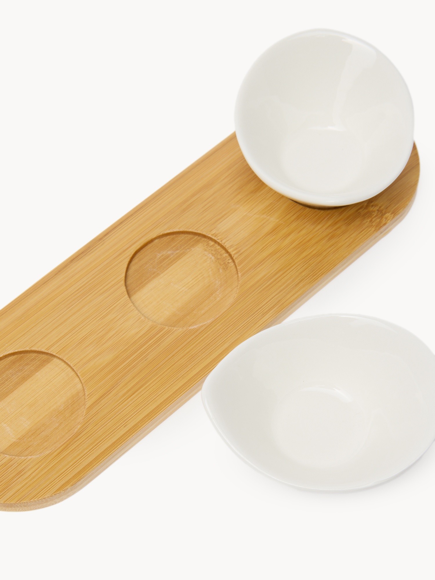 Ceramic and bamboo appetizer platter with 3 small bowls, White, large image number 1