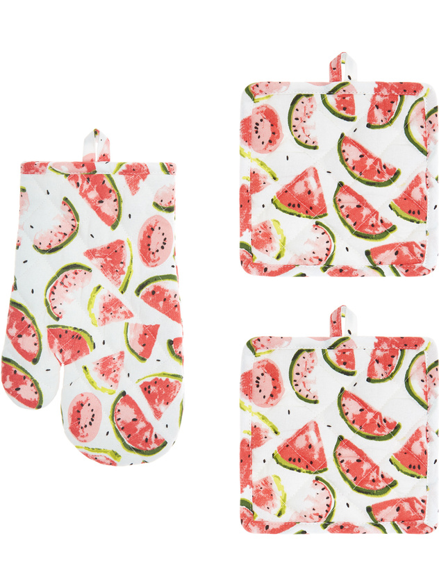 Set of 2 pot holders and kitchen mitt in pure cotton with watermelon print