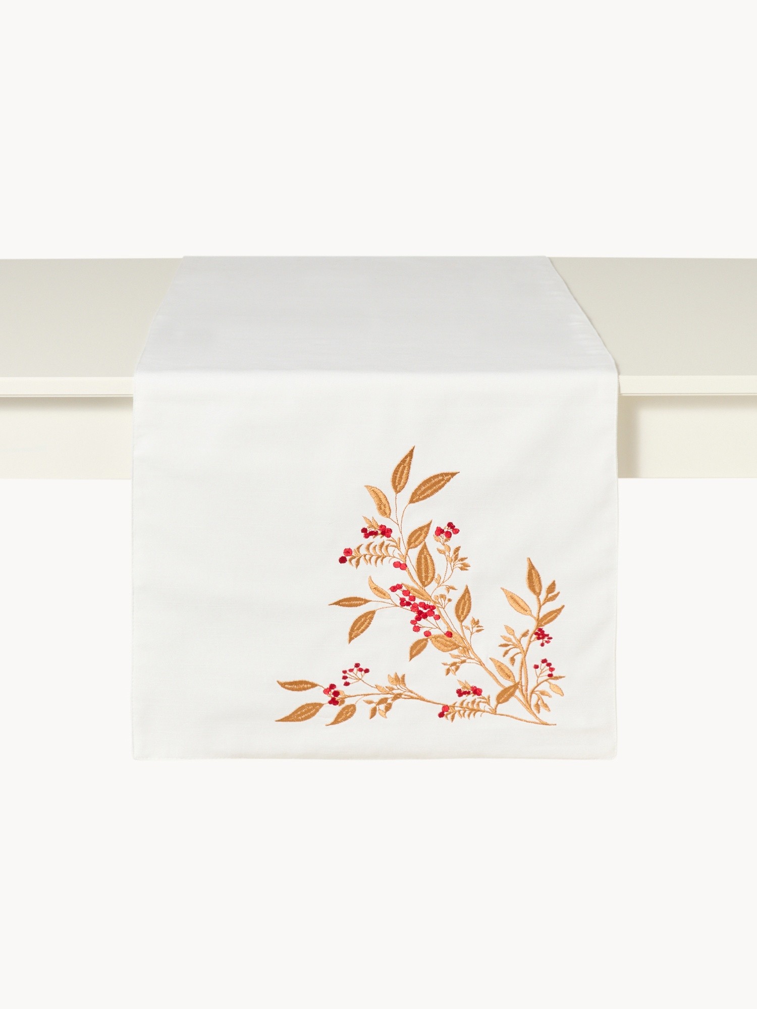 Runner in slub di puro cotone con ricamo foliage, Bianco, large image number 1