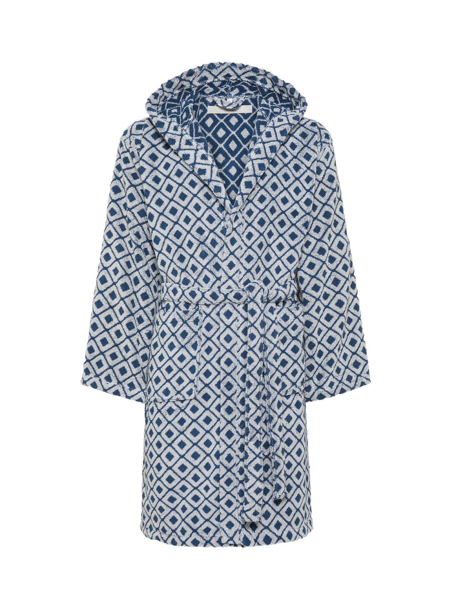 Pure cotton terry bathrobe with check pattern, Blue, large image number 0