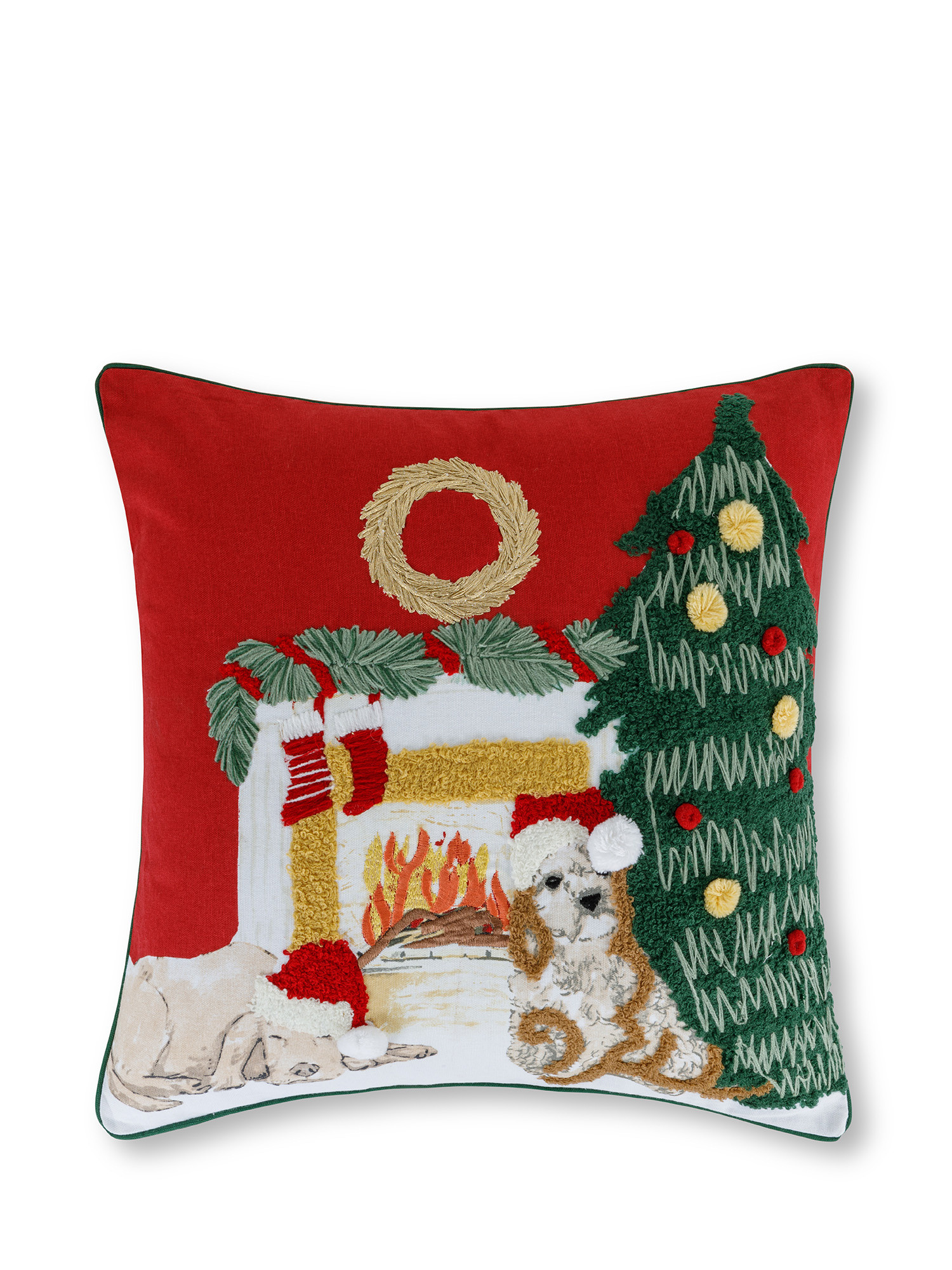 Printed and embroidered cushion dogs under the fireplace 35x50 cm, Red, large image number 0