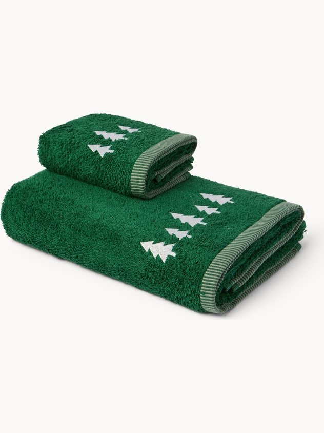 Set 2 asciugamani in spugna di cotone con alberi di Natale ricamati