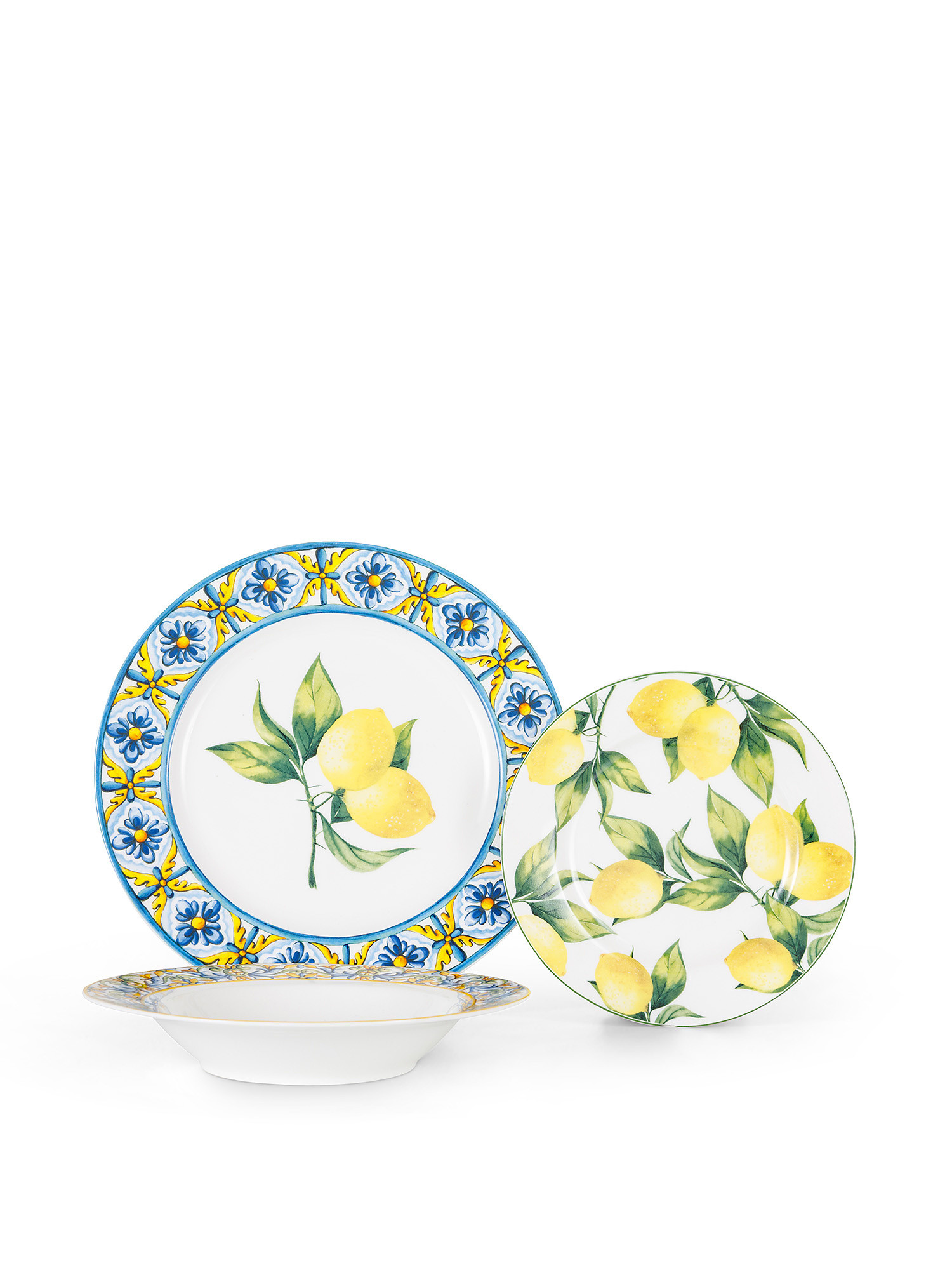 Set of 18 plates in new bone china with lemons motif, White, large image number 0