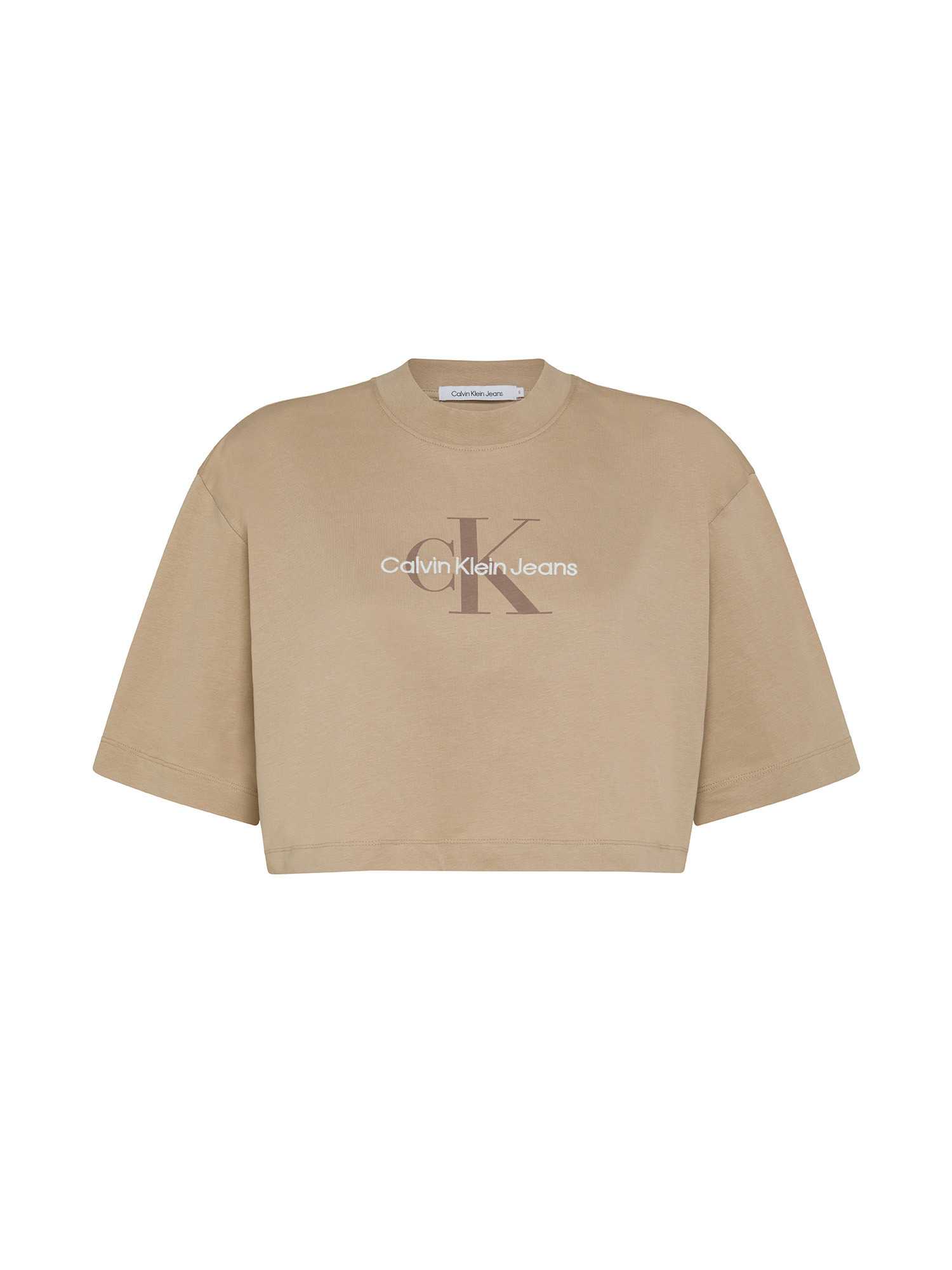 Calvin Klein Jeans - T-shirt crop in cotone con logo, Beige, large image number 0