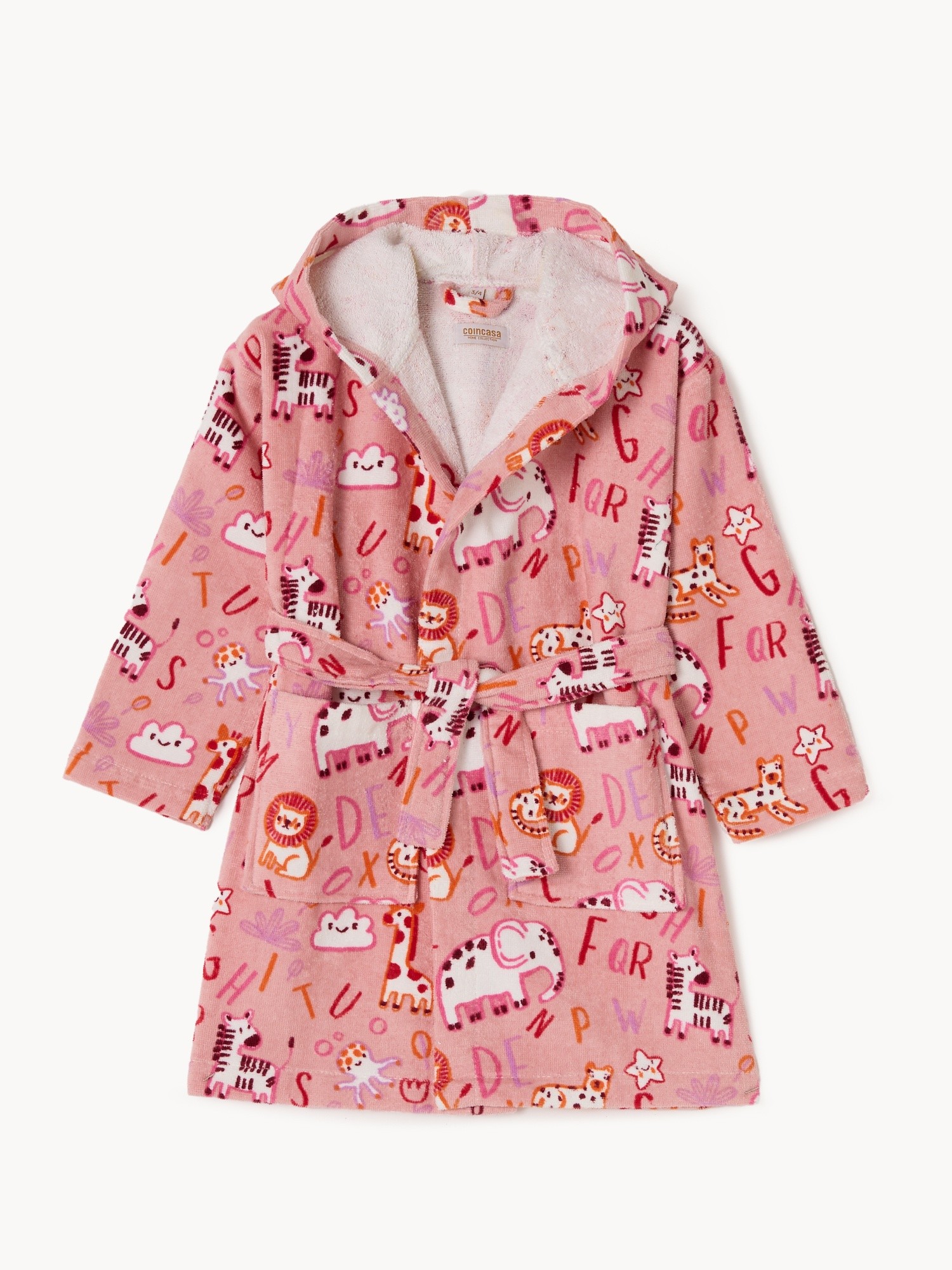 Cotton velour and terrycloth bathrobe with alphabet and animal print, Pink, large image number 0
