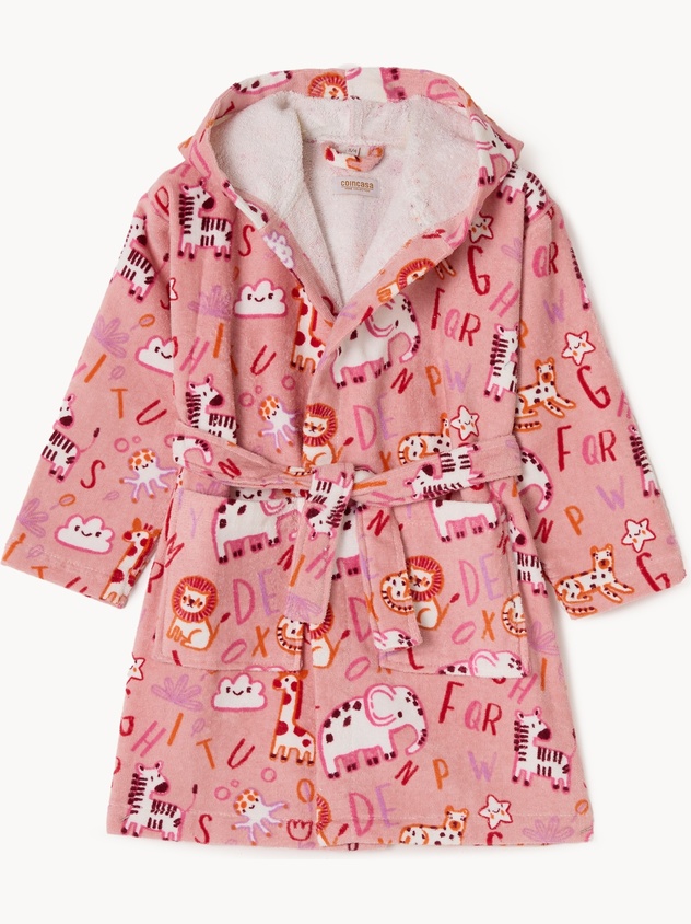 Cotton velour and terrycloth bathrobe with alphabet and animal print