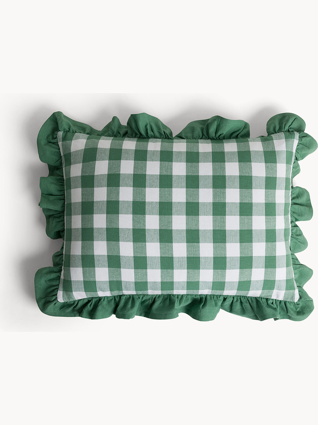 Cuscino 35x50 cm in cotone Vichy tinto filo con volant
