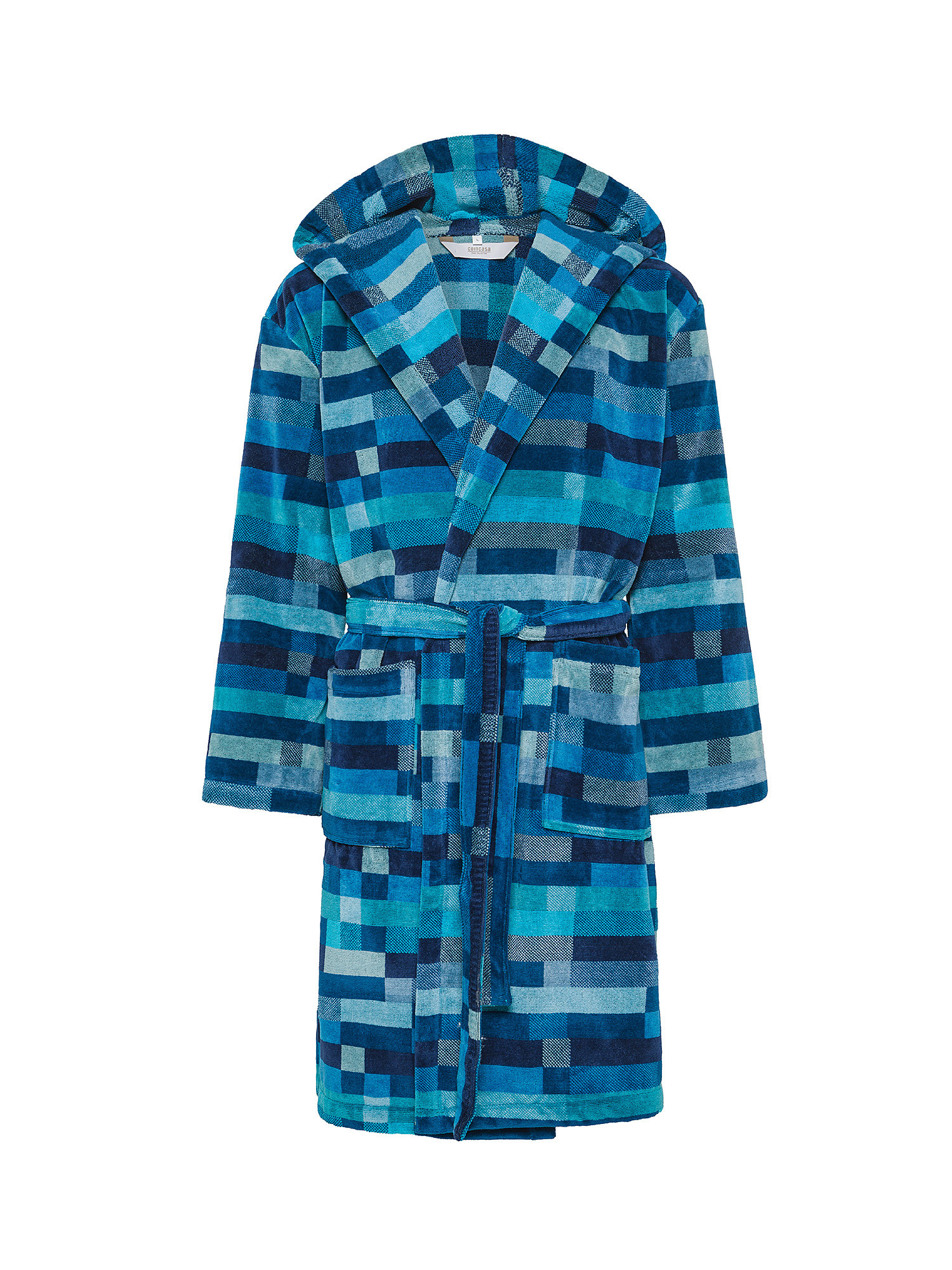 Cotton velor bathrobe with geometric pattern, Blue, large image number 0