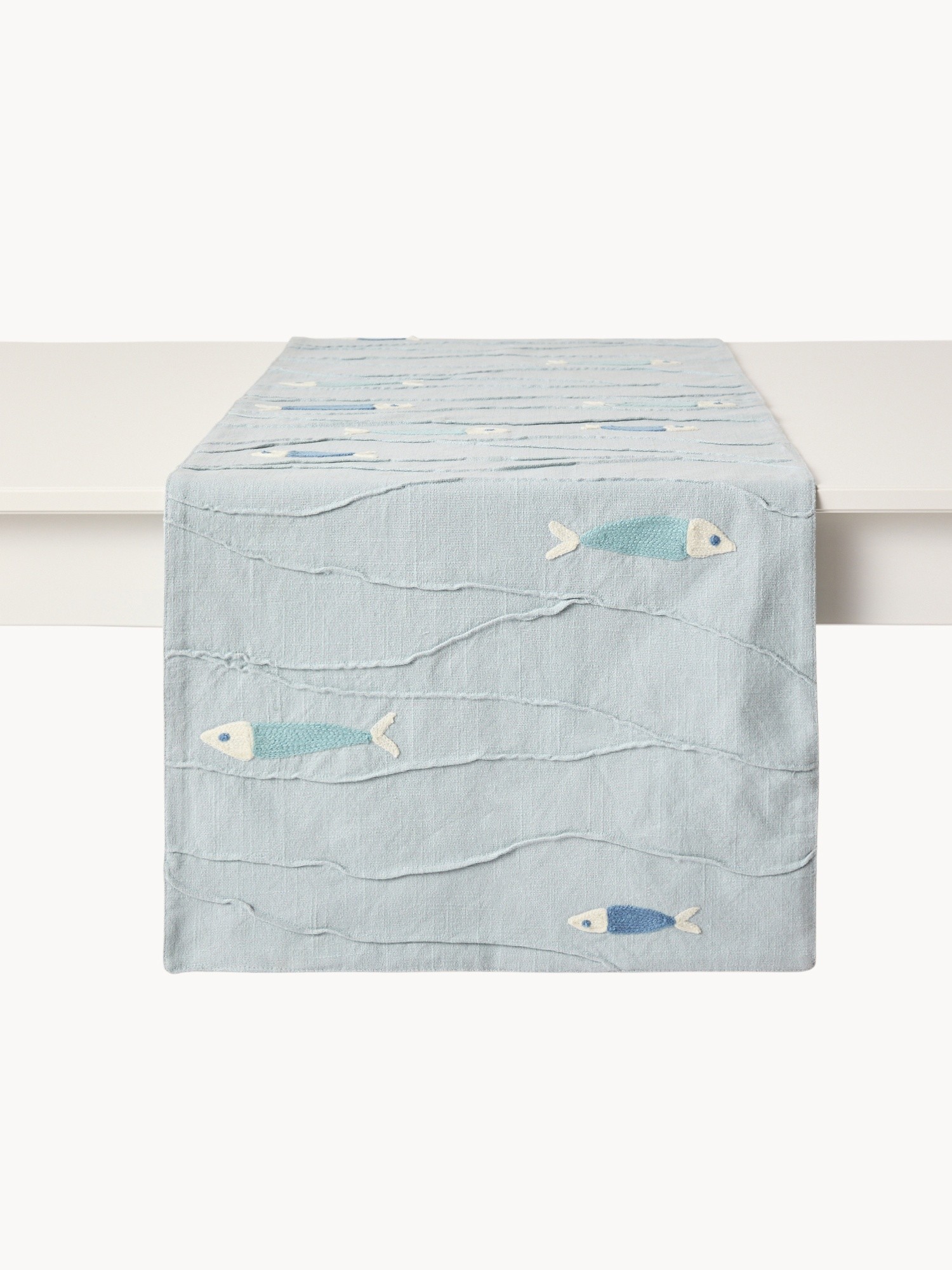 Runner in cotone con ricami pesciolini, Azzurro, large image number 0